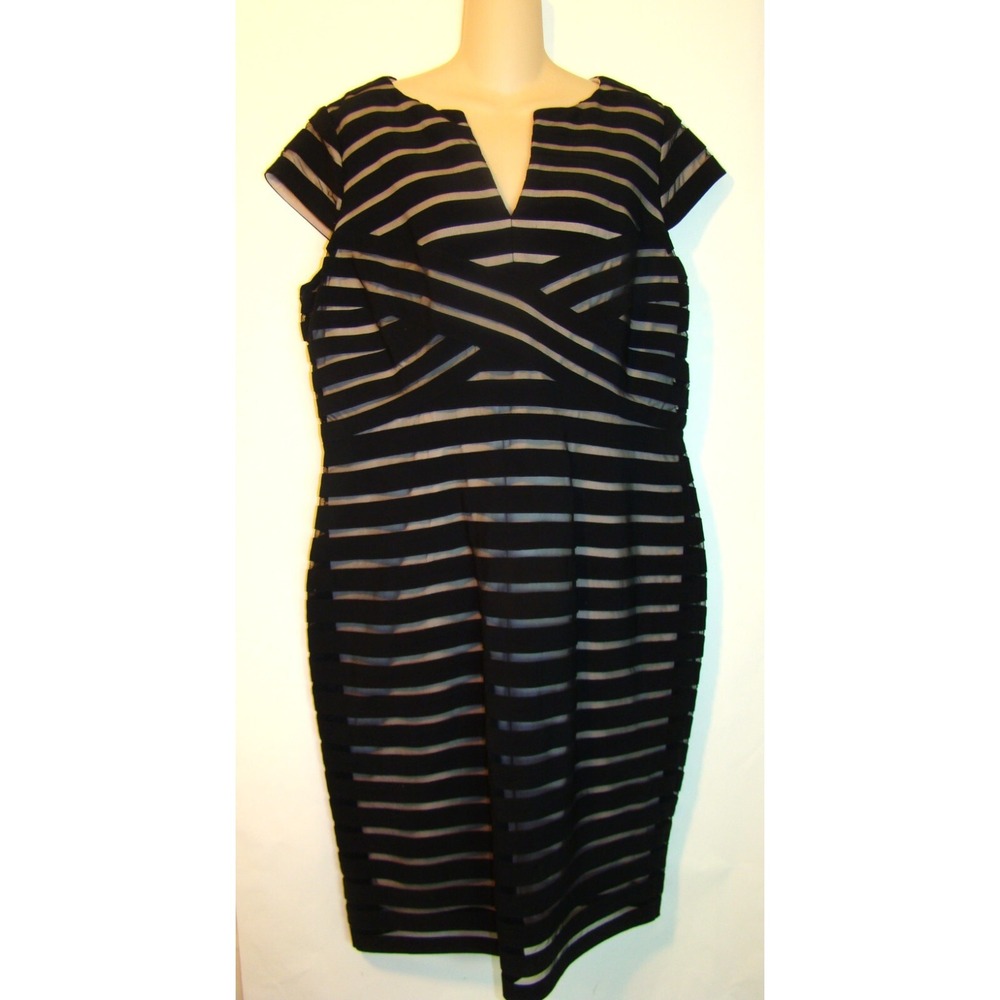 Adrianna Papell Womens Plus Black Shear Striped Fitted Dress Size 16W  D133